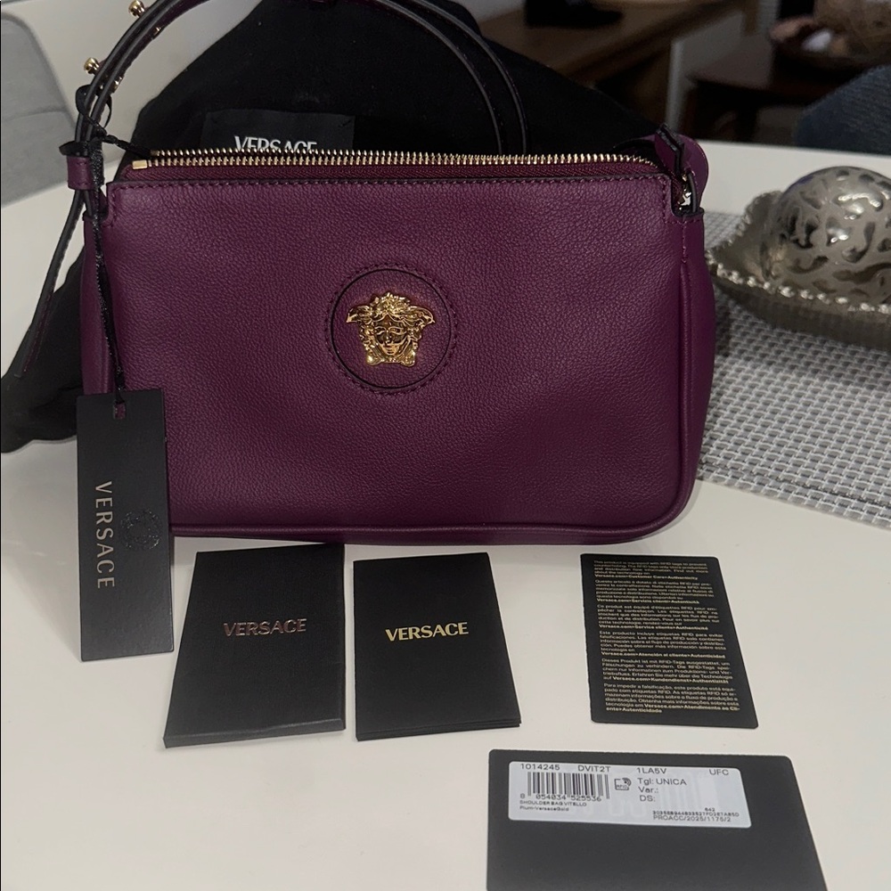 Versace Rich Purple Vitello Leather Shoulder Bag with Gold Medusa NWT MSRP $925 - Picture 5 of 7